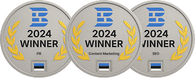 Odznaki nagrody Winner 2024 Collaborator z złotymi wieńcami laurowymi dla Content Marketing i SEO.