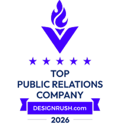Odznaka DesignRush Top Public Relations Company 2026 potwierdzająca osiągnięcia w zakresie public relations i komunikacji.