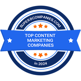 Odznaka SuperbCompanies Top Content Marketing Companies 2024 potwierdzająca osiągnięcia w zakresie content marketingu.