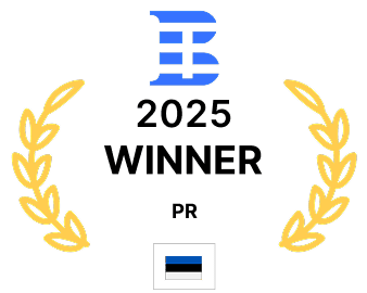 Odznaka Winner 2025 w kategorii PR ze złotymi wieńcami laurowymi, wyróżniająca osiągnięcia w public relations.