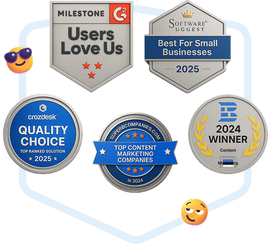 Kolekcja odznak nagród oprogramowania Collaborator, w tym G2 Milestone Users Love Us oraz wyróżnienia 2024–2025 od Software Suggest, Crozdesk i Top Content Marketing Companies.