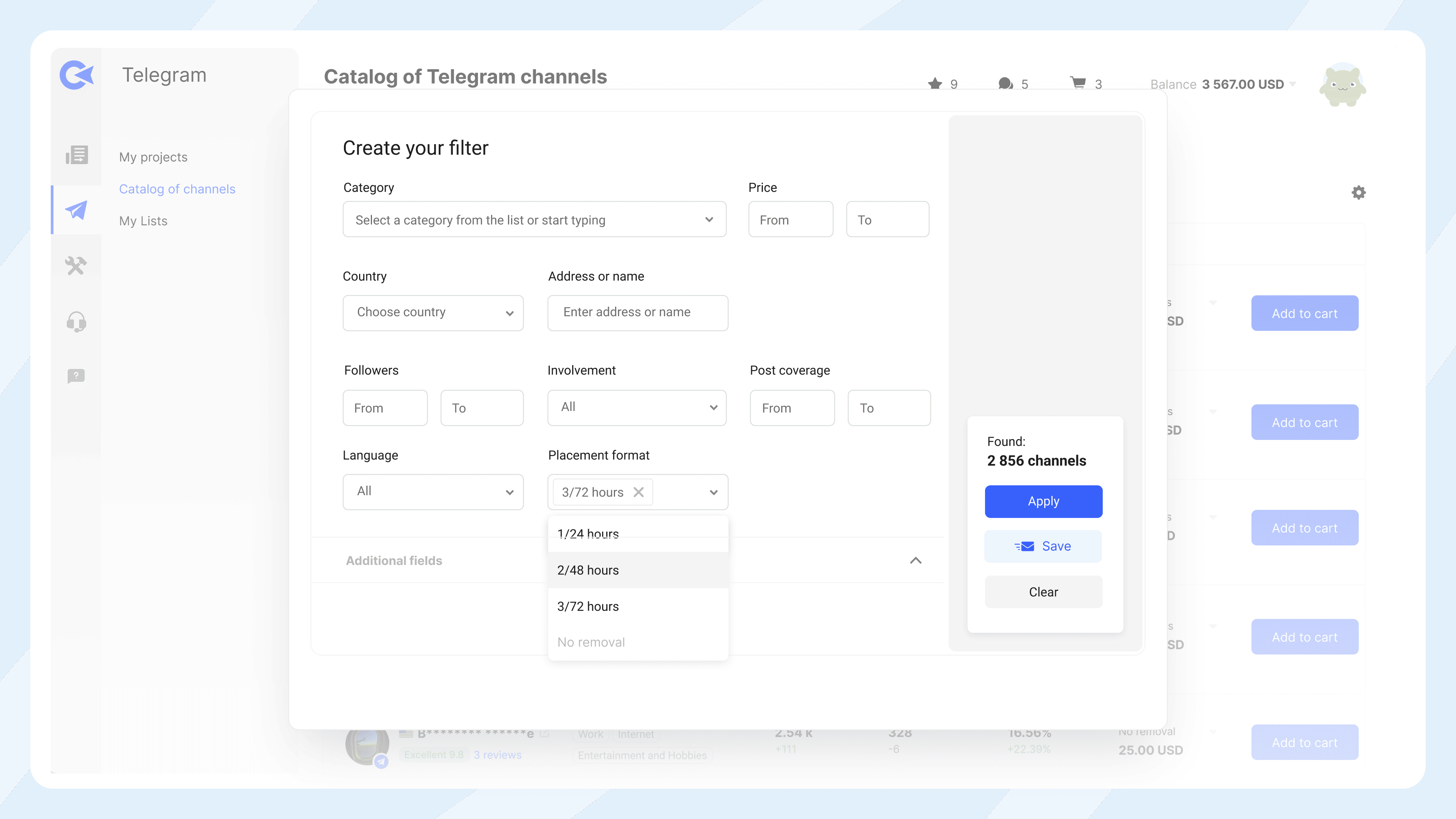 Zrzut ekranu interfejsu filtrowania kanałów Collaborator w Telegram z polami dla kategorii, ceny, kraju, obserwujących i formatu publikacji.