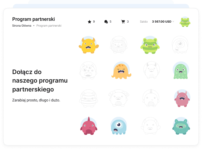 Program partnerski Collaborator: zabawne maskotki potworów, panel zarobków i wiadomość zachęcająca do dołączenia