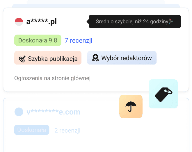 Listy stron w Collaborator z oceną 9,8, odznakami Szybkie umieszczenie, Wybór redakcji oraz ogłoszeniem na stronie głównej