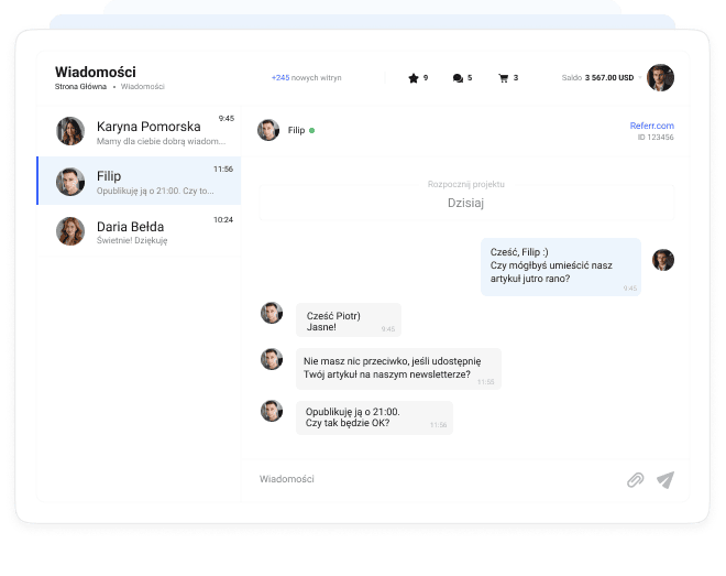 Interfejs wiadomości Collaborator pokazujący aktywne czaty i rozmowę dotyczącą koordynacji projektu