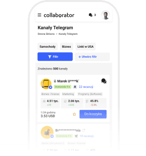 Mobilny widok katalogu kanałów Telegram w Collaborator, pokazujący kategorie, filtry wyszukiwania i polecane kanały z liczbą subskrybentów i cenami.