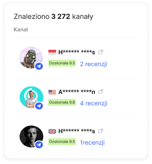 Kanały Telegram z ocenami użytkowników, liczbą recenzji i wskaźnikami wydajności w formie listy w katalogu Collaborator.