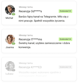 Sekcja opinii Collaborator pokazująca oceny i komentarze dotyczące usług kanałów Telegram.