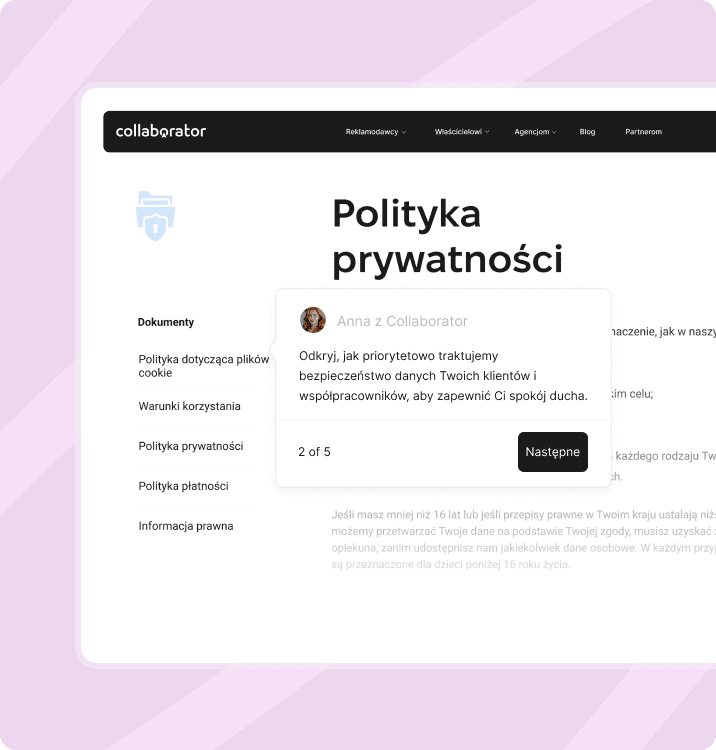 Strona Polityki prywatności Collaborator z sekcjami dokumentu i komunikatem dotyczącym bezpieczeństwa danych