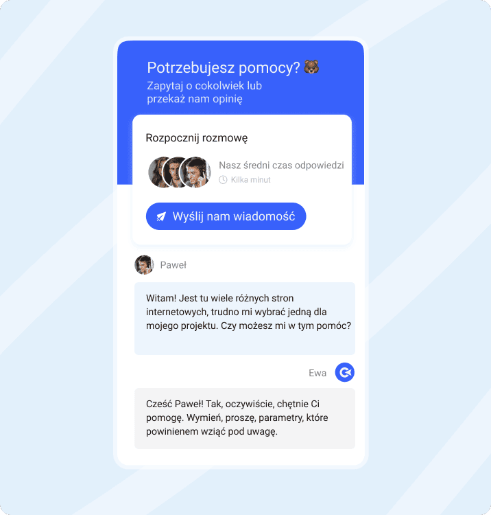 Czat wsparcia Collaborator pokazujący rozmowę o wyborze stron internetowych