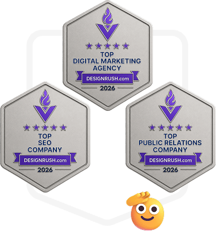 Trzy odznaki DesignRush 2026 potwierdzające osiągnięcia w obszarze marketingu cyfrowego, SEO i public relations. Odznaki wyróżniają firmy w kategoriach Top Digital Marketing Agency, Top SEO Company oraz Top Public Relations Company.